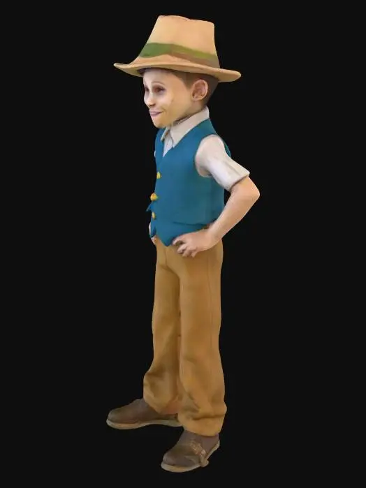 3D model for 1boy "Verne Troyer" as a little boy, as a boy who traveled to Oz and met Dorothy, in a faded garden setting. Suggestion: For better 3D results, try to ensure the creature is on a plain background to isolate the model. Also influences from the movie, "Wicked".