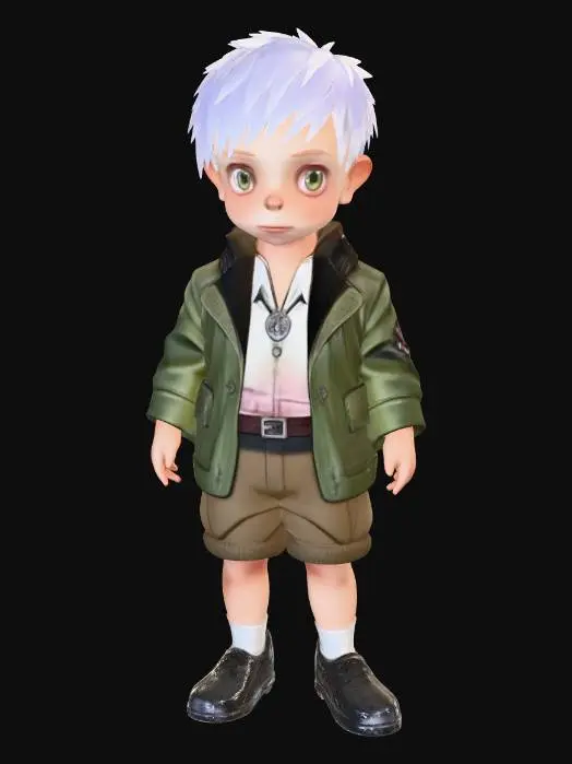 3D model for 1boy "Verne Troyer" as a little boy, as a boy who traveled to Oz and met Dorothy, in a faded garden setting. Suggestion: For better 3D results, try to ensure the creature is on a plain background to isolate the model. Also influences from the movie, "Wicked". whole body in frame, no cropping,