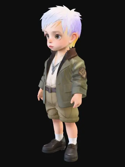 3D model for 1boy "Verne Troyer" as a little boy, as a boy who traveled to Oz and met Dorothy, in a faded garden setting. Suggestion: For better 3D results, try to ensure the creature is on a plain background to isolate the model. Also influences from the movie, "Wicked". whole body in frame, no cropping,