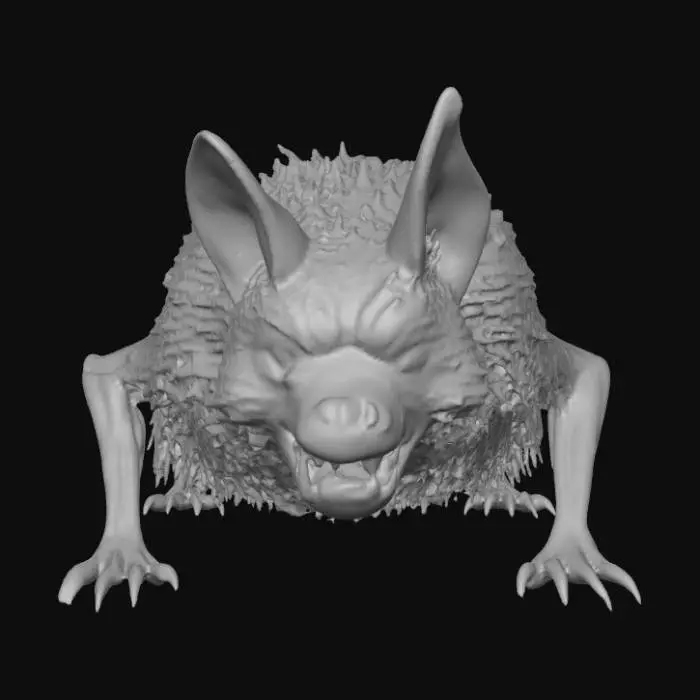 3D model for Generate a wingless, ill-tempered giant fox-bat from Oz, in a faded cave setting. Suggestion: For better 3D results, try to ensure the creature is on a plain background to isolate the model. Also influences from the movie, "Wicked".