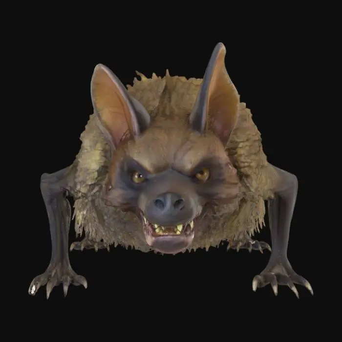 3D model for Generate a wingless, ill-tempered giant fox-bat from Oz, in a faded cave setting. Suggestion: For better 3D results, try to ensure the creature is on a plain background to isolate the model. Also influences from the movie, "Wicked".