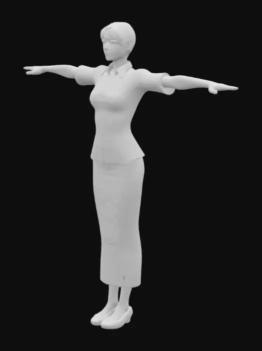 3D model for A beautiful waitress wearing a batik shirt, a skirt, and shoes., full body, T-Pose, featuring ultra-sharp details and hyper-realistic textures.