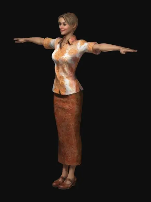 3D model for A beautiful waitress wearing a batik shirt, a skirt, and shoes., full body, T-Pose, featuring ultra-sharp details and hyper-realistic textures.