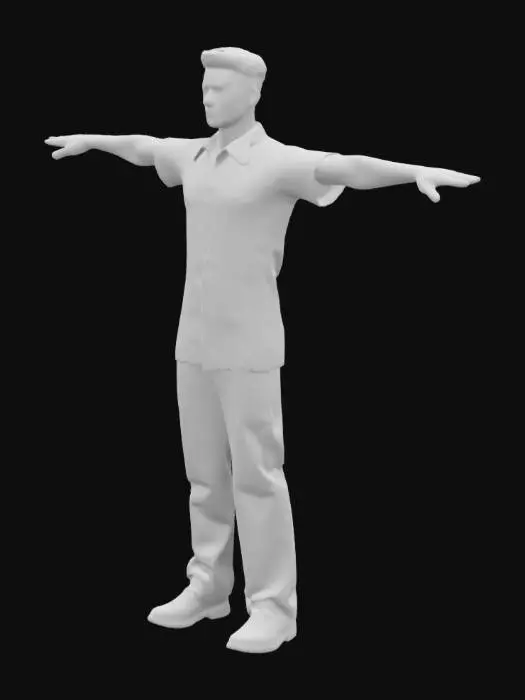 3D model for waiter wearing a batik shirt, a long pants, and shoes., full body, T-Pose, featuring ultra-sharp details and hyper-realistic textures.