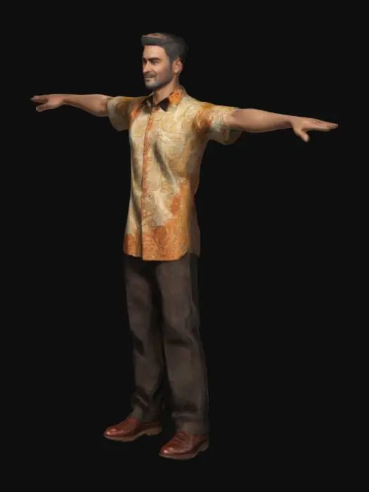 3D model for waiter wearing a batik shirt, a long pants, and shoes., full body, T-Pose, featuring ultra-sharp details and hyper-realistic textures.