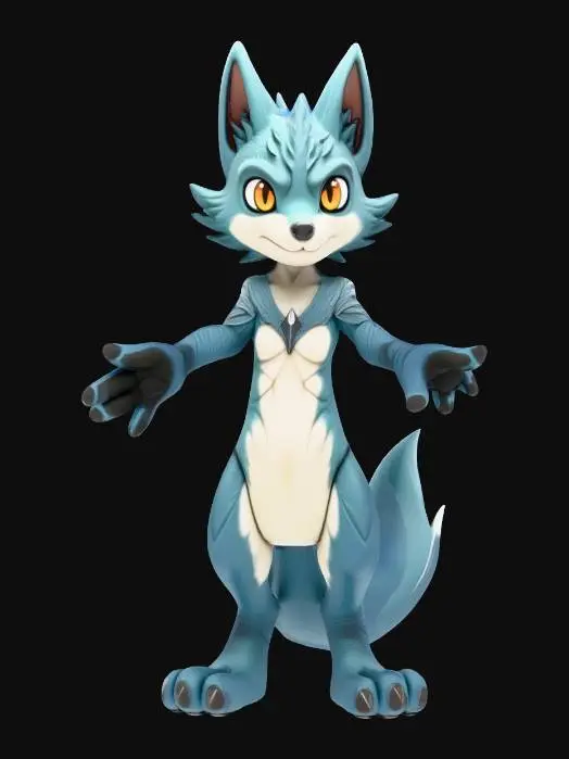 3D model for A highly detailed Pokémon-style humanoid creature standing in a perfect T-pose. The design should combine fantasy and creature aesthetics with anime-inspired proportions. The creature should have smooth, organic shapes, expressive eyes, and a balanced mix of animal and humanoid traits. Include intricate textures such as scales, fur, or armor plating, depending on the creature’s theme. The anatomy should be realistic enough for animation, with clearly defined muscles and joints. Stylized lighting and color palette similar to official Pokémon character art. Full-body render, symmetrical, front-facing, OPEN MOUTH expression. Wolf Style Creature, Mystycal and royal.
