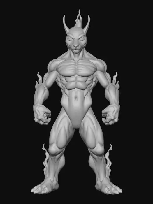 3D model for A highly detailed Pokémon-style humanoid creature standing in a perfect T-pose. The design should combine fantasy and creature aesthetics with anime-inspired proportions. The creature should have smooth, organic shapes, expressive eyes, and a balanced mix of animal and humanoid traits. Include intricate textures such as scales, fur, or armor plating, depending on the creature’s theme. The anatomy should be realistic enough for animation, with clearly defined muscles and joints. Stylized lighting and color palette similar to official Pokémon character art. Full-body render, symmetrical, front-facing, OPEN MOUTH expression. Fire Style Creature, Mystycal and royal.