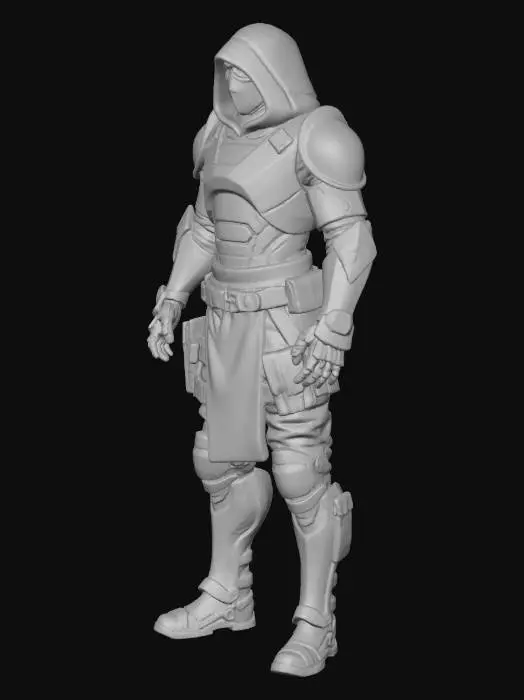3D model for Create a highly detailed, stylized 3D game character in the style of Valorant.
The character should feature clean hard-surface armor mixed with sleek fabric textures, glowing tech accents, and a modern tactical-sci-fi aesthetic.
The art style should balance realism and stylization — vibrant colors, sharp silhouettes, and strong personality.