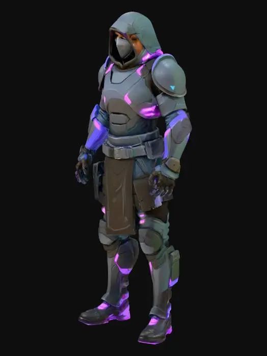 3D model for Create a highly detailed, stylized 3D game character in the style of Valorant.
The character should feature clean hard-surface armor mixed with sleek fabric textures, glowing tech accents, and a modern tactical-sci-fi aesthetic.
The art style should balance realism and stylization — vibrant colors, sharp silhouettes, and strong personality.
