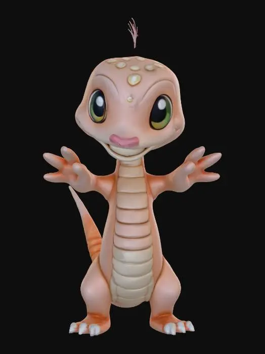 3D model for A highly detailed Pokémon-style humanoid creature standing in a perfect T-pose. The design should combine fantasy and creature aesthetics with anime-inspired proportions. The creature should have smooth, organic shapes, expressive eyes, and a balanced mix of animal and humanoid traits. Include intricate textures such as scales, fur, or armor plating, depending on the creature’s theme. The anatomy should be realistic enough for animation, with clearly defined muscles and joints. Stylized lighting and color palette similar to official Pokémon character art. Full-body render, symmetrical, front-facing, Baby Snake Style Creature, Mystycal and royal.