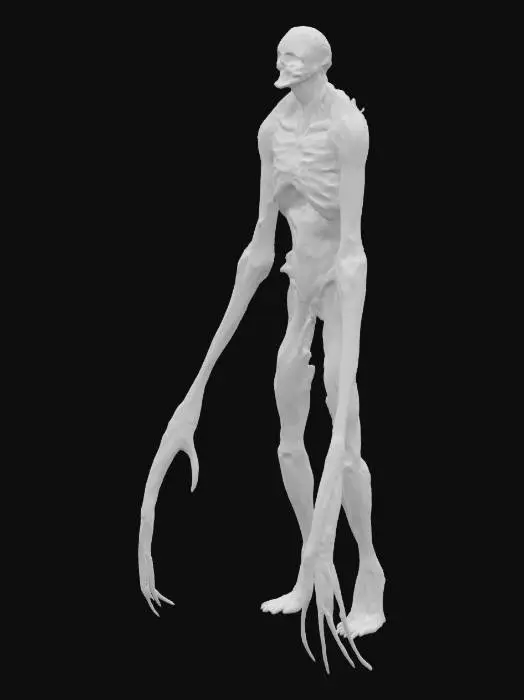 3D model for A tall, grotesque humanoid monster standing 8 feet tall, with unnaturally long limbs, thin bony fingers, and sunken glowing white eyes. Its skin is stretched, dark gray and veiny, like decaying rubber. The face has no mouth, only a wide vertical split. Its spine juts out of its back, and it moves like a twisted shadow. Horror style, game-ready, low-poly, scary silhouette