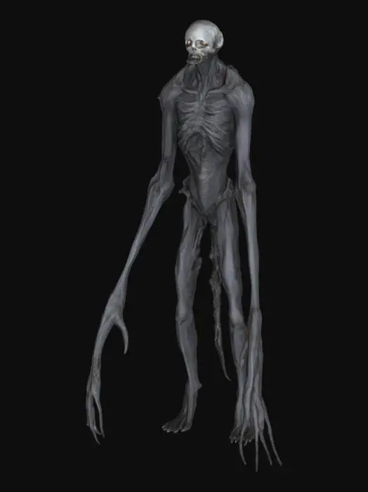 3D model for A tall, grotesque humanoid monster standing 8 feet tall, with unnaturally long limbs, thin bony fingers, and sunken glowing white eyes. Its skin is stretched, dark gray and veiny, like decaying rubber. The face has no mouth, only a wide vertical split. Its spine juts out of its back, and it moves like a twisted shadow. Horror style, game-ready, low-poly, scary silhouette
