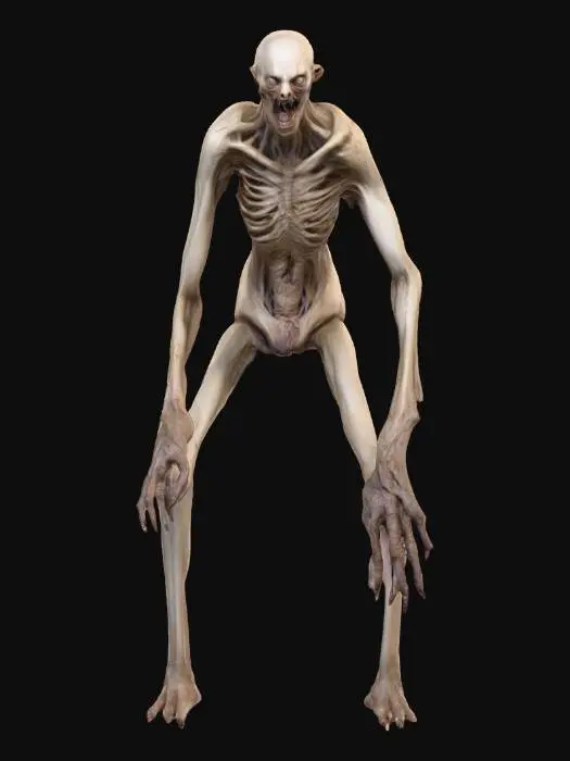 3D model for человек у которого вместо рук и ног большие резвия и голова перекошена на бок. Существо в стиле хоррор