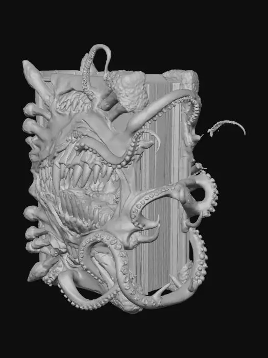 3D model for “ancient fantasy magic tome, grotesque cursed spellbook bound in dark flesh and bone, countless sharp teeth bursting from the cover in chaotic rows, twisted tentacles emerging from within, eerie glowing runes etched across the spine, Halloween atmosphere with sinister orange candlelight and misty purple fog, cinematic composition on an altar surrounded by skulls, ultra-detailed horror fantasy art, hyper-realistic materials (leather, saliva, veins, bone), volumetric fog, dramatic rim light, depth of field, high contrast, 8k render quality”