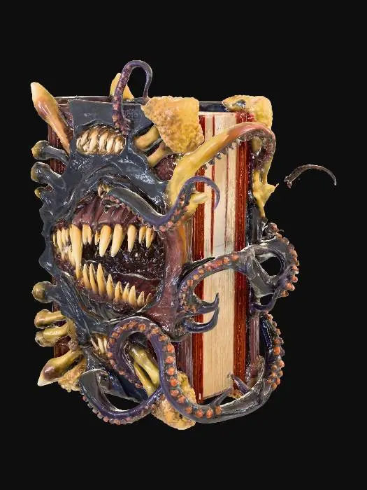 3D model for “ancient fantasy magic tome, grotesque cursed spellbook bound in dark flesh and bone, countless sharp teeth bursting from the cover in chaotic rows, twisted tentacles emerging from within, eerie glowing runes etched across the spine, Halloween atmosphere with sinister orange candlelight and misty purple fog, cinematic composition on an altar surrounded by skulls, ultra-detailed horror fantasy art, hyper-realistic materials (leather, saliva, veins, bone), volumetric fog, dramatic rim light, depth of field, high contrast, 8k render quality”