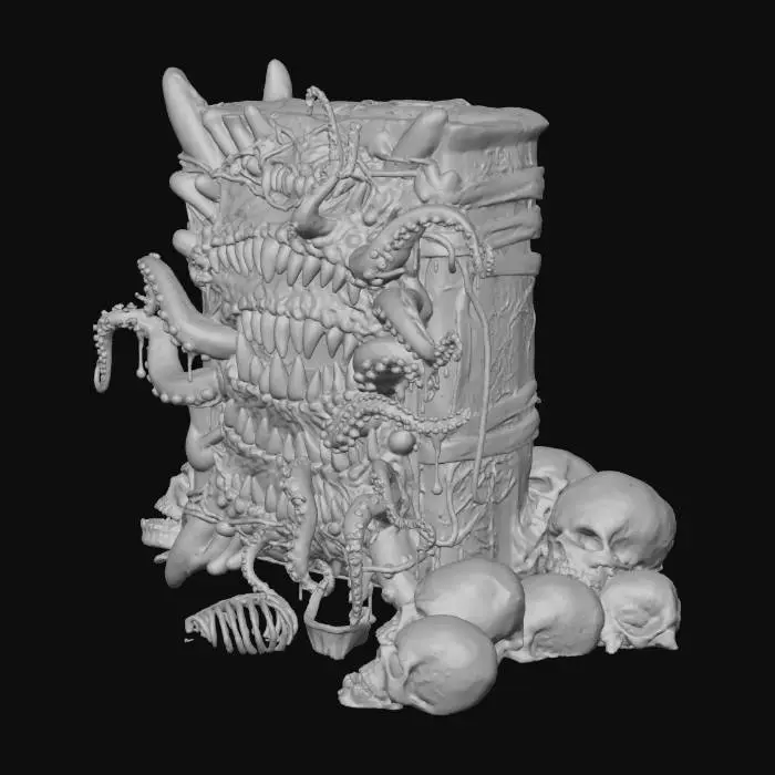 3D model for “ancient fantasy magic tome, grotesque cursed spellbook bound in dark flesh and bone, countless sharp teeth bursting from the cover in chaotic rows, twisted tentacles emerging from within, eerie glowing runes etched across the spine, Halloween atmosphere with sinister orange candlelight and misty purple fog, cinematic composition on an altar surrounded by skulls, ultra-detailed horror fantasy art, hyper-realistic materials (leather, saliva, veins, bone), volumetric fog, dramatic rim light, depth of field, high contrast, 8k render quality”