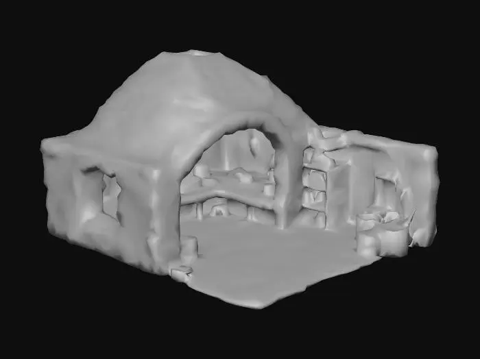 3D model for "Ancient Egyptian communal bakery, 2560 BCE, mudbrick building with dome-shaped bread oven, beehive oven design, open workspace, smoke-darkened surfaces, wood storage, historical bread production facility, low-poly game asset style"