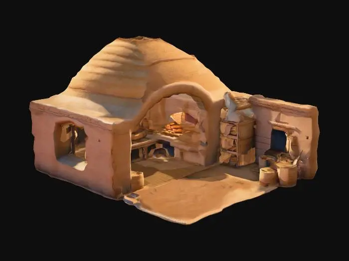 3D model for "Ancient Egyptian communal bakery, 2560 BCE, mudbrick building with dome-shaped bread oven, beehive oven design, open workspace, smoke-darkened surfaces, wood storage, historical bread production facility, low-poly game asset style"
