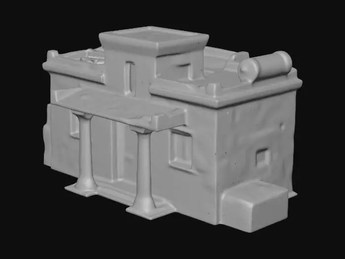 3D model for Ancient Egyptian overseer's house, 2560 BCE, white plastered mudbrick building, wooden columns at entrance, larger than worker houses, higher status dwelling, decorated lintel, shuttered windows, low-poly game asset style, historical accuracy