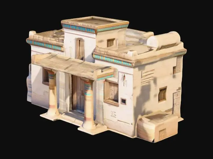 3D model for Ancient Egyptian overseer's house, 2560 BCE, white plastered mudbrick building, wooden columns at entrance, larger than worker houses, higher status dwelling, decorated lintel, shuttered windows, low-poly game asset style, historical accuracy