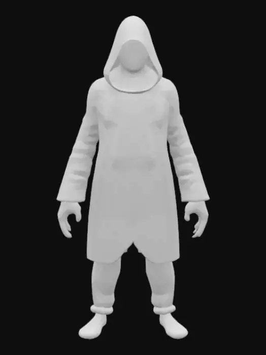 3D model for "Orthographic front view of a low-poly 3D game character, hooded kidnapper, faceless, perfectly symmetrical, 
geometric shapes only (triangles, squares), flat solid colors (black hood, dark gray clothes), 
no textures, no shading, sharp edges, white background, 1024x1024px, 
PS1-style game asset, T-pose for rigging, clean silhouette"