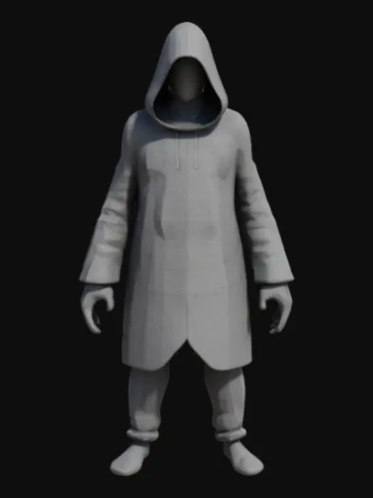 3D model for "Orthographic front view of a low-poly 3D game character, hooded kidnapper, faceless, perfectly symmetrical, 
geometric shapes only (triangles, squares), flat solid colors (black hood, dark gray clothes), 
no textures, no shading, sharp edges, white background, 1024x1024px, 
PS1-style game asset, T-pose for rigging, clean silhouette"