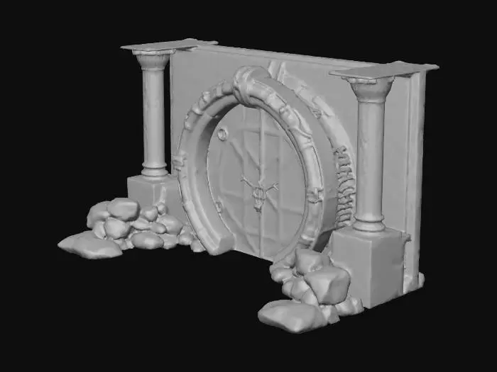 3D model for Elemental Ruin Gate, direct front view, Cracked jade and malachite shot with gold, molten seams, hovering stone rings, Ancient, volatile, powerful, Activated by elemental offerings—fire, water, wind, Elden Ring, volcanic temples, mythic relics, hildebrandt, lovecraft, tolkien,