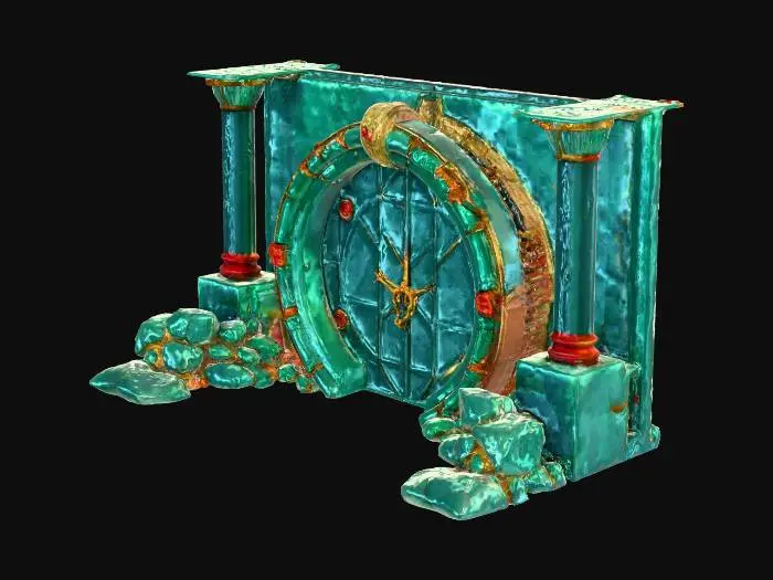 3D model for Elemental Ruin Gate, direct front view, Cracked jade and malachite shot with gold, molten seams, hovering stone rings, Ancient, volatile, powerful, Activated by elemental offerings—fire, water, wind, Elden Ring, volcanic temples, mythic relics, hildebrandt, lovecraft, tolkien,