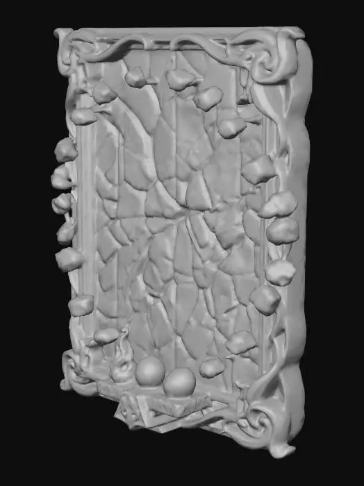 3D model for Elemental stone wall with jade filigree top and bottom, complete wall panel, direct head on view, Cracked jade and malachite shot with gold, molten seams, hovering stone rings, Ancient, volatile, ornate, powerful, vivid colors, Activated by elemental offerings--fire, water, wind, Elden Ring, volcanic temples, mythic relics, hildebrandt, lovecraft, tolkien, a masterpiece