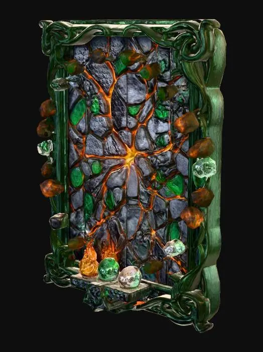 3D model for Elemental stone wall with jade filigree top and bottom, complete wall panel, direct head on view, Cracked jade and malachite shot with gold, molten seams, hovering stone rings, Ancient, volatile, ornate, powerful, vivid colors, Activated by elemental offerings--fire, water, wind, Elden Ring, volcanic temples, mythic relics, hildebrandt, lovecraft, tolkien, a masterpiece