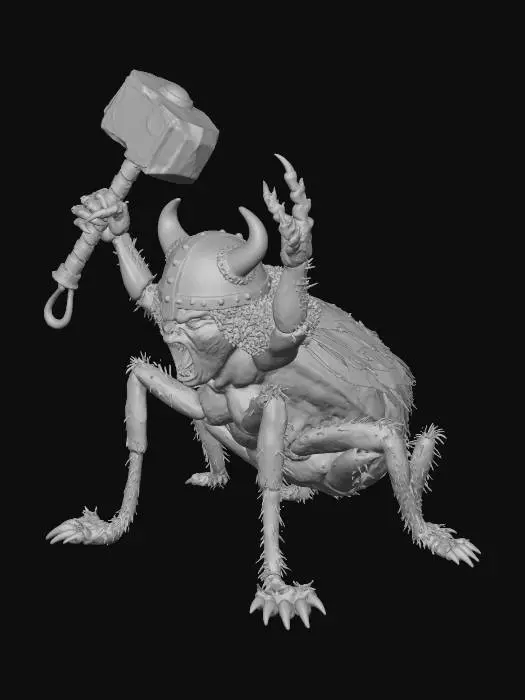 3D model for an giant angry flea raising his front hands into the air, holding a giant thor hammer, wearing a viking helmet