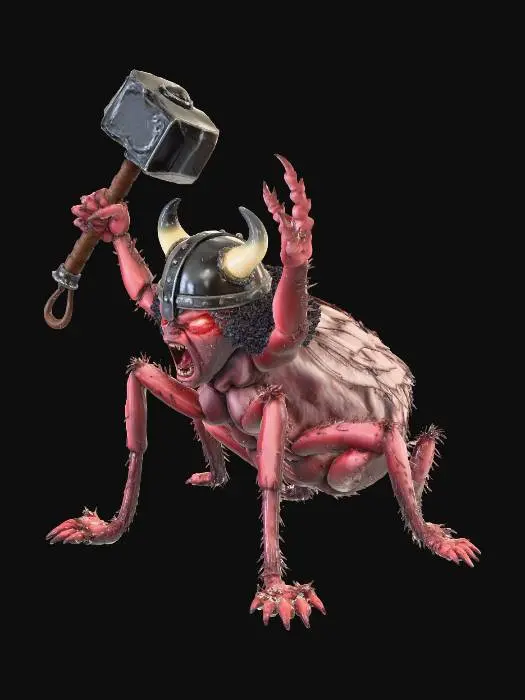 3D model for an giant angry flea raising his front hands into the air, holding a giant thor hammer, wearing a viking helmet