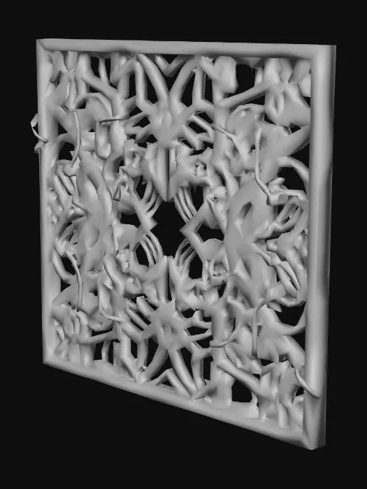 3D model for A lattice work golden fence panel,  3 vines, sparse, vine like, beautiful, deep gold with brilliant highlights, intricate mech details, ground level shot, 8K resolution, Cinema 4D, Behance HD, polished metal, Unreal Engine 5, rendered in Blender, sci-fi, futuristic, trending on Artstation, epic, cinematic background, dramatic, atmospheric, abstract vector fractal, wave function, Zentangle, 3d shading