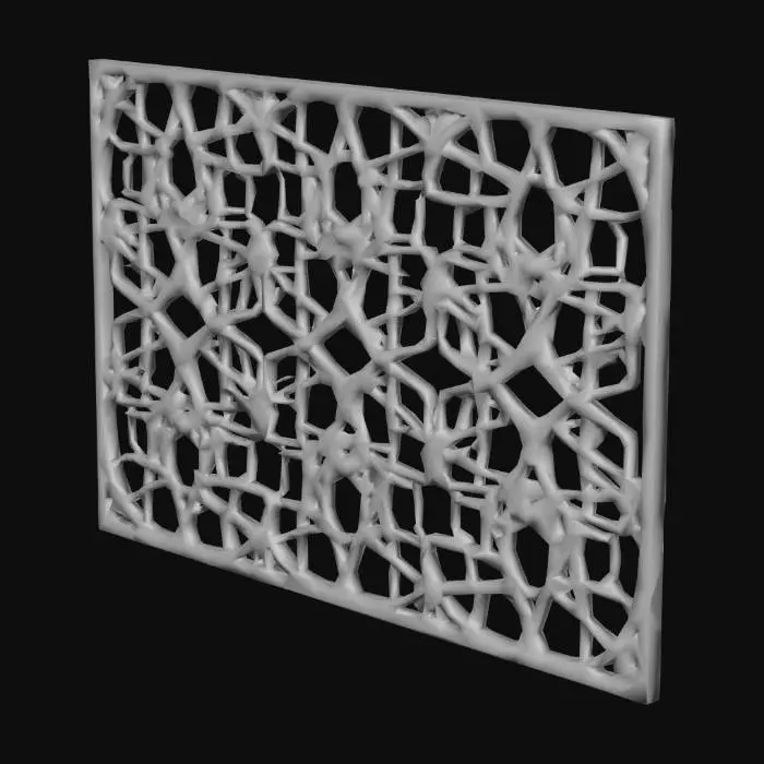 3D model for A lattice work golden fence panel,  3 vines, sparse, vine like, beautiful, deep gold with brilliant highlights, intricate mech details, ground level shot, 8K resolution, Cinema 4D, Behance HD, polished metal, Unreal Engine 5, rendered in Blender, sci-fi, futuristic, trending on Artstation, epic, cinematic background, dramatic, atmospheric, abstract vector fractal, wave function, Zentangle, 3d shading
