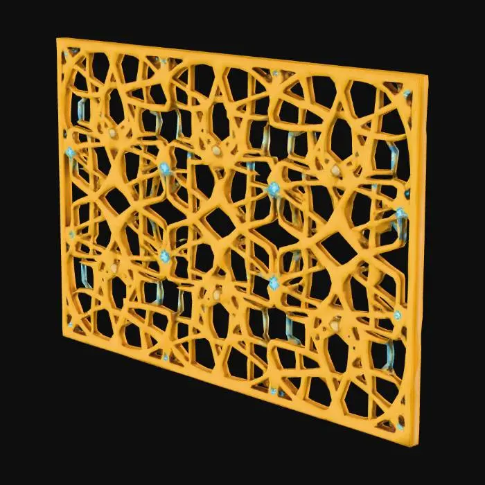 3D model for A lattice work golden fence panel,  3 vines, sparse, vine like, beautiful, deep gold with brilliant highlights, intricate mech details, ground level shot, 8K resolution, Cinema 4D, Behance HD, polished metal, Unreal Engine 5, rendered in Blender, sci-fi, futuristic, trending on Artstation, epic, cinematic background, dramatic, atmospheric, abstract vector fractal, wave function, Zentangle, 3d shading