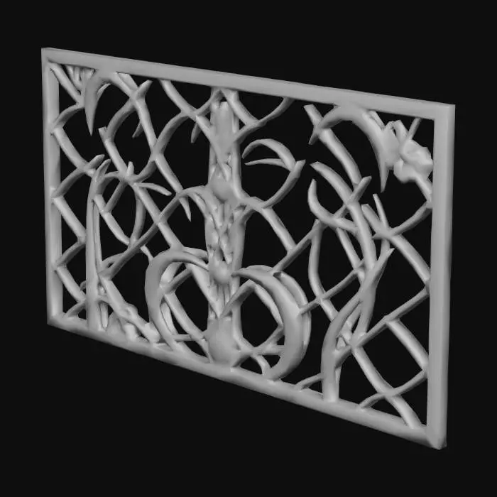 3D model for A lattice work golden fence panel,  3 vines, sparse, vine like, beautiful, deep gold with brilliant highlights, intricate mech details, ground level shot, 8K resolution, Cinema 4D, Behance HD, polished metal, Unreal Engine 5, rendered in Blender, sci-fi, futuristic, trending on Artstation, epic, cinematic background, dramatic, atmospheric, abstract vector fractal, wave function, Zentangle, 3d shading