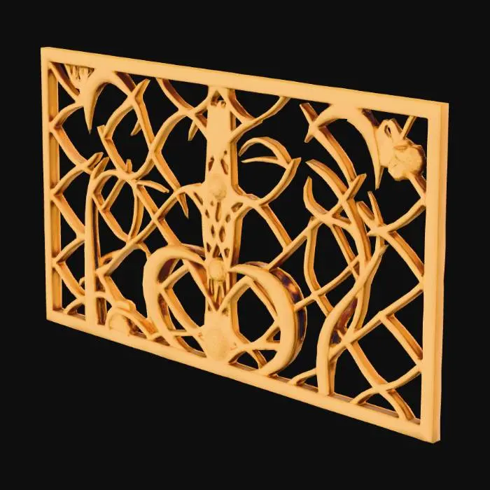 3D model for A lattice work golden fence panel,  3 vines, sparse, vine like, beautiful, deep gold with brilliant highlights, intricate mech details, ground level shot, 8K resolution, Cinema 4D, Behance HD, polished metal, Unreal Engine 5, rendered in Blender, sci-fi, futuristic, trending on Artstation, epic, cinematic background, dramatic, atmospheric, abstract vector fractal, wave function, Zentangle, 3d shading