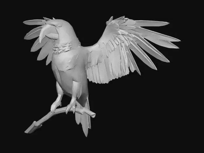 3D model for would like to have a harlequin macaw with it wings spread wide open sitting on a branch holding on with its claws.