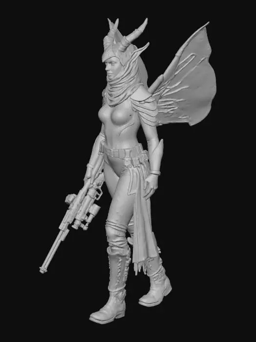 3D model for Vysoká, štíhla ženská elfská prieskumníčka, odetá v ľahkom, priliehavom brnení s maskovacím vzorom. V ruke drží dlhú ostreľovaciu pušku a jej jemné elfské rysy sú čiastočne zakryté šatkou. Na chrbte má malé, elegantné krídla z ľahkého kovu, ktoré jemne svietia modrým svetlom. Stojí na okraji útesu s futuristickou infraštruktúrou, kde sú viditeľné holografické značky a opustené robotické časti.