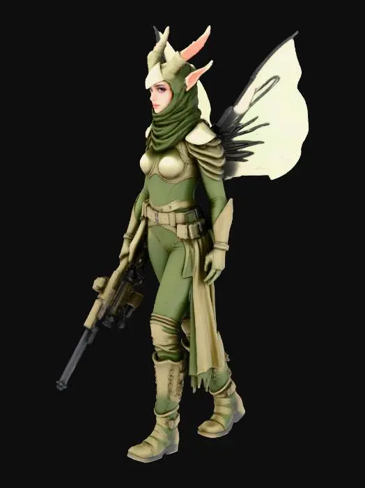 3D model for Vysoká, štíhla ženská elfská prieskumníčka, odetá v ľahkom, priliehavom brnení s maskovacím vzorom. V ruke drží dlhú ostreľovaciu pušku a jej jemné elfské rysy sú čiastočne zakryté šatkou. Na chrbte má malé, elegantné krídla z ľahkého kovu, ktoré jemne svietia modrým svetlom. Stojí na okraji útesu s futuristickou infraštruktúrou, kde sú viditeľné holografické značky a opustené robotické časti.