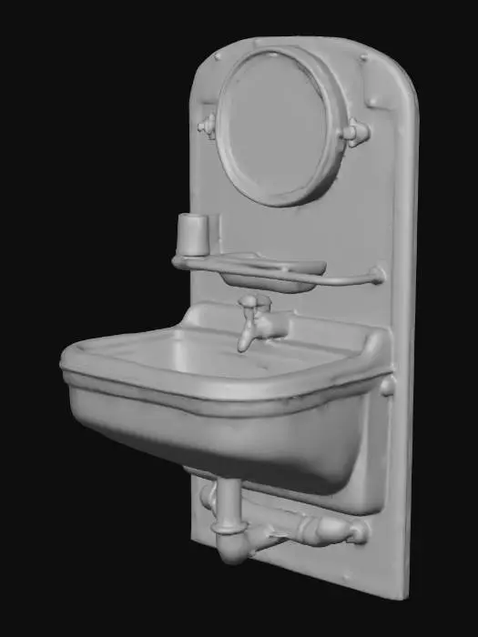 3D model for Compact foldable porcelain wash basin mounted to wall, small mirror above with chrome frame, shelf with soap tray and toothbrush holder, brass plumbing visible below, early 1930s airship cabin design, functional and clean, soft yellow light reflection.