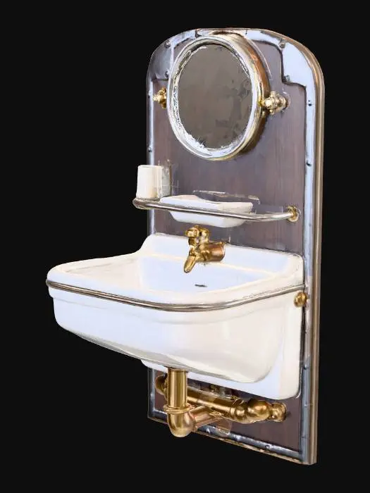 3D model for Compact foldable porcelain wash basin mounted to wall, small mirror above with chrome frame, shelf with soap tray and toothbrush holder, brass plumbing visible below, early 1930s airship cabin design, functional and clean, soft yellow light reflection.