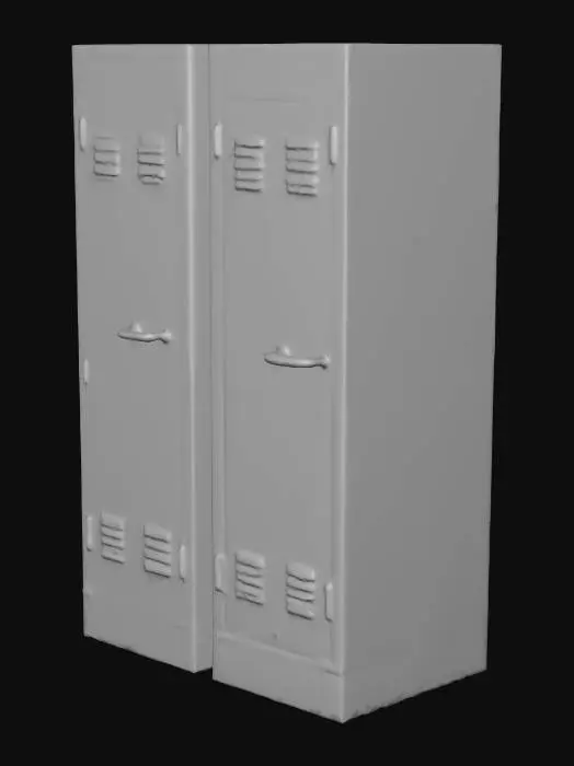 3D model for Pair of riveted metal lockers labeled “STEWARD 1” and “STEWARD 2”, early 20th century airship style, cream enamel finish, small towel bar between them, subtle scuffing, polished handles, brass hinges, Art Deco industrial aesthetic.