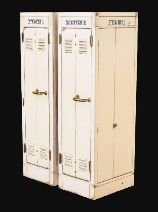 3D model for Pair of riveted metal lockers labeled “STEWARD 1” and “STEWARD 2”, early 20th century airship style, cream enamel finish, small towel bar between them, subtle scuffing, polished handles, brass hinges, Art Deco industrial aesthetic.