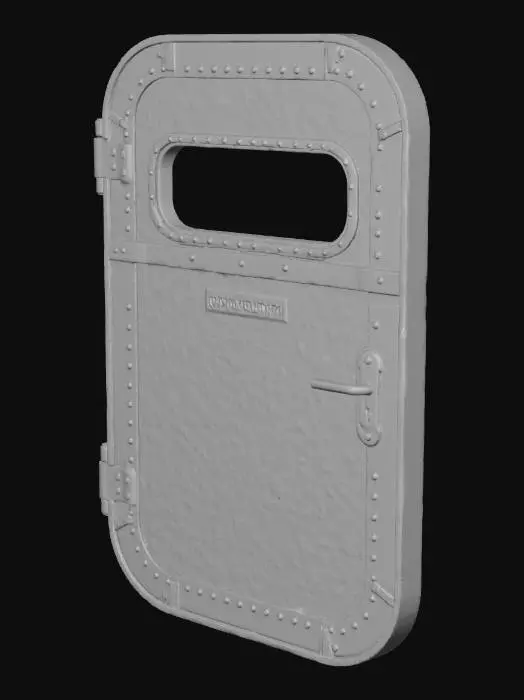 3D model for 1930s British airship cabin door, riveted aluminum frame with cream enamel paneling, narrow rectangular inspection window with frosted glass and brass trim, small brass nameplate engraved “Steward’s Quarters,” rounded corners, visible hinge bolts, early Art Deco aviation style, subtle wear and oil marks near handle, warm yellow light reflecting on surface, cinematic realism