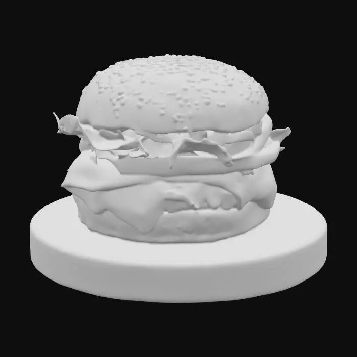 3D model for A hyper-realistic 3D model of a delicious gourmet burger stacked with a golden-brown sesame seed bun, juicy grilled beef patty, melted cheddar cheese oozing over the edges, crispy lettuce, ripe tomato slices, red onion rings, tangy pickles, and a drizzle of special sauce. The burger is slightly tilted for a dynamic view, placed on a rustic wooden board with a blurred background of a diner kitchen. High detail, realistic textures, perfect lighting.