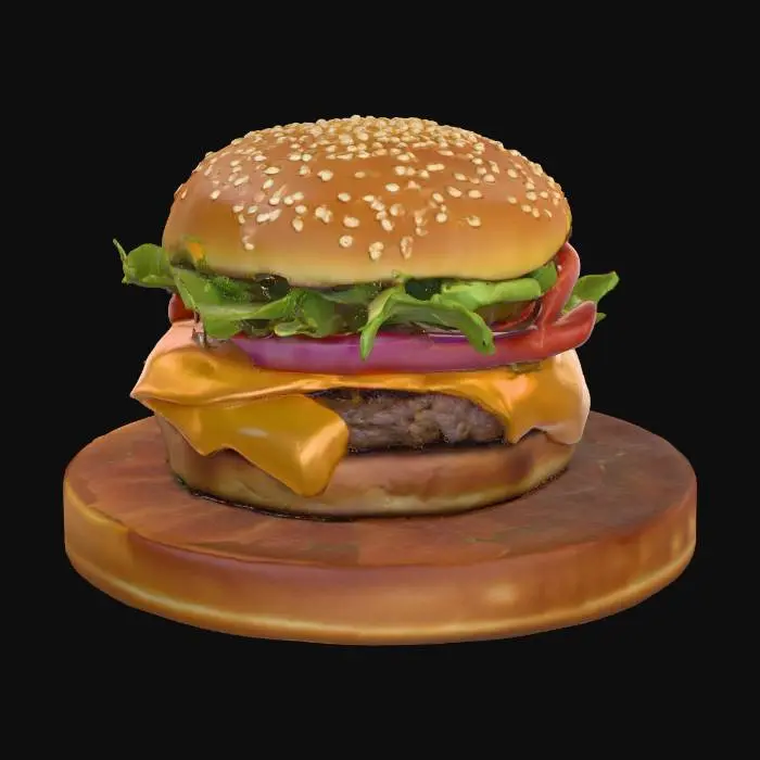 3D model for A hyper-realistic 3D model of a delicious gourmet burger stacked with a golden-brown sesame seed bun, juicy grilled beef patty, melted cheddar cheese oozing over the edges, crispy lettuce, ripe tomato slices, red onion rings, tangy pickles, and a drizzle of special sauce. The burger is slightly tilted for a dynamic view, placed on a rustic wooden board with a blurred background of a diner kitchen. High detail, realistic textures, perfect lighting.