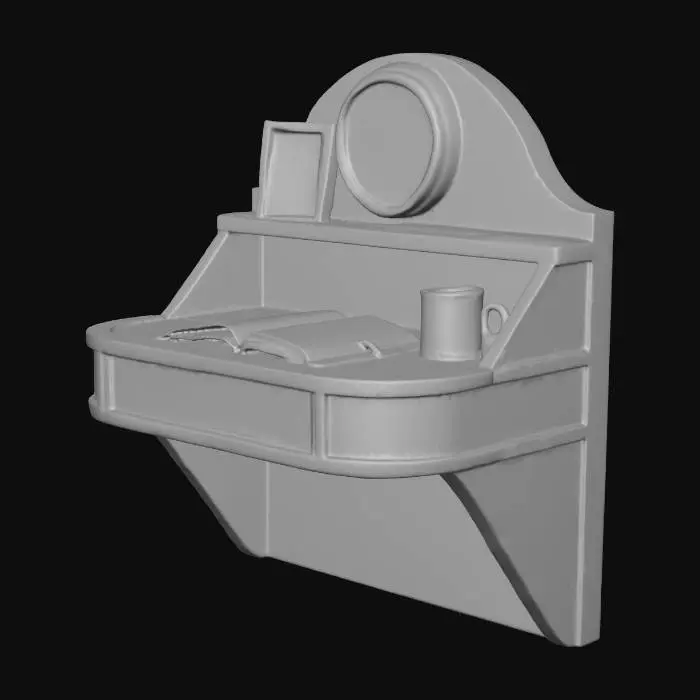 3D model for Small wall-mounted wooden desk with rounded edges, mahogany veneer, early Art Deco influence, open logbook and Air Ministry mug on top, above it a brass wall clock and small framed photograph, subtle ambient glow, British airship aesthetic 1930.