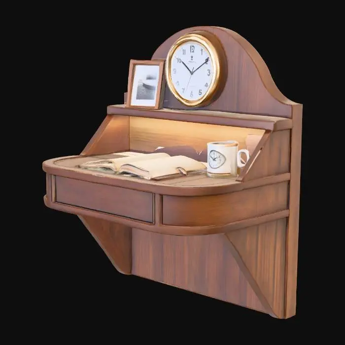 3D model for Small wall-mounted wooden desk with rounded edges, mahogany veneer, early Art Deco influence, open logbook and Air Ministry mug on top, above it a brass wall clock and small framed photograph, subtle ambient glow, British airship aesthetic 1930.
