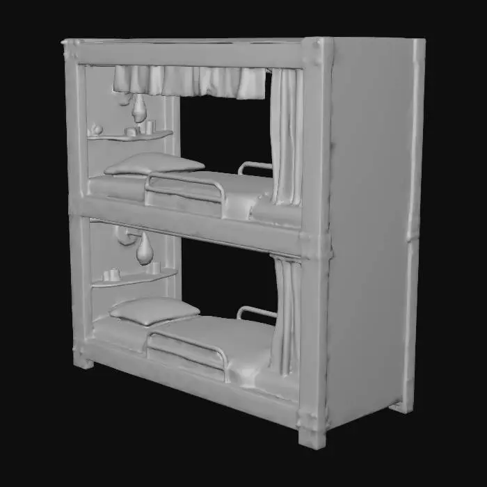 3D model for 1930s airship bunk beds, two-tier steel frame with riveted edges, canvas mattress with thin wool blanket and pillow, wall-mounted reading lamp, small shelf and curtain for privacy, vintage utilitarian design, soft warm lighting, metallic texture with slight wear.